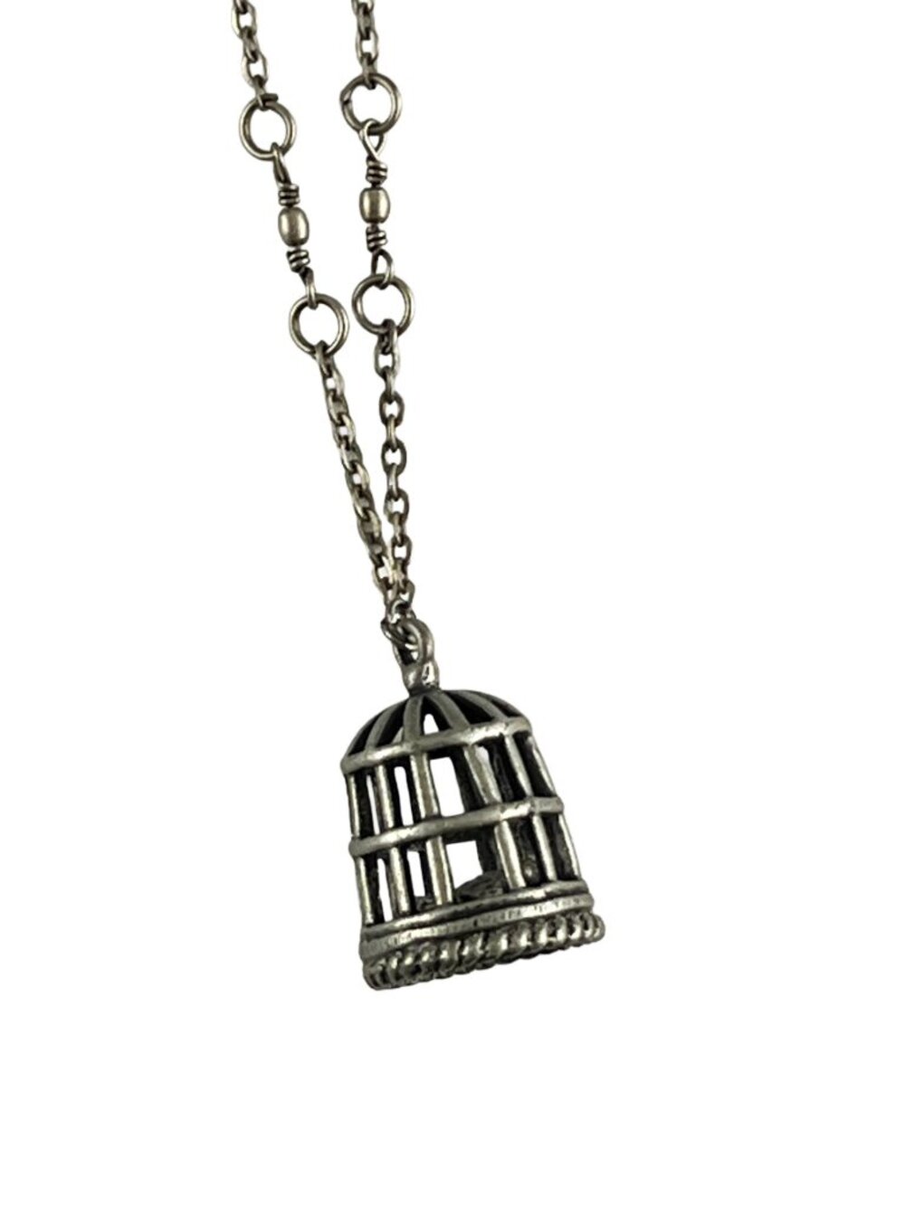 Vintage Style Birdcage Pendant Necklace — Matte Silver Tone